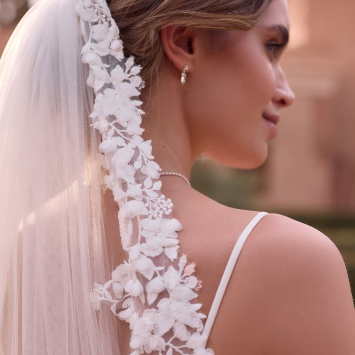 Bianco Ivory Single Tier 3D Flower and Lace Floor Length Veil S534