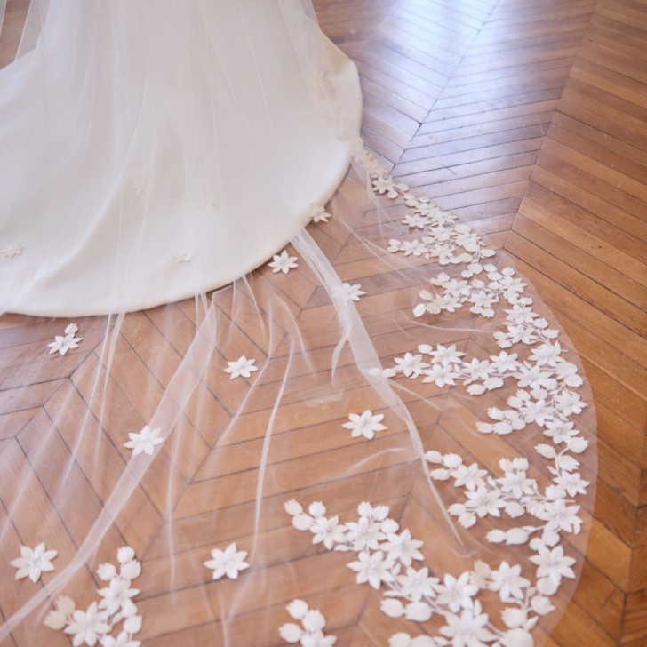 Bianco Ivory Single Tier 3D Flower Royal Length Veil S550