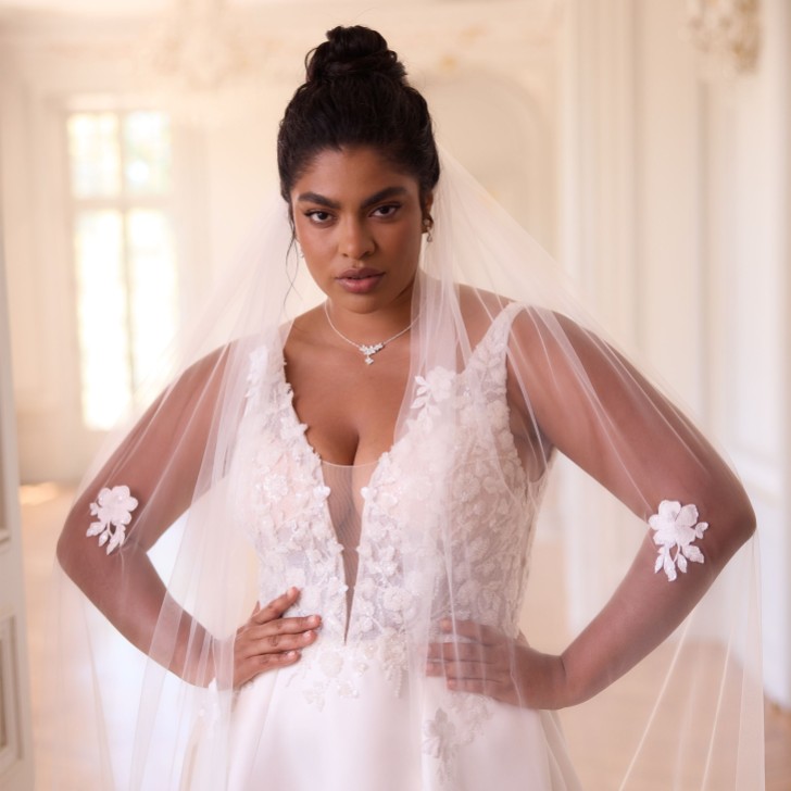 Bianco Ivory Single Tier Cut Edge Lace Applique Chapel Veil S529