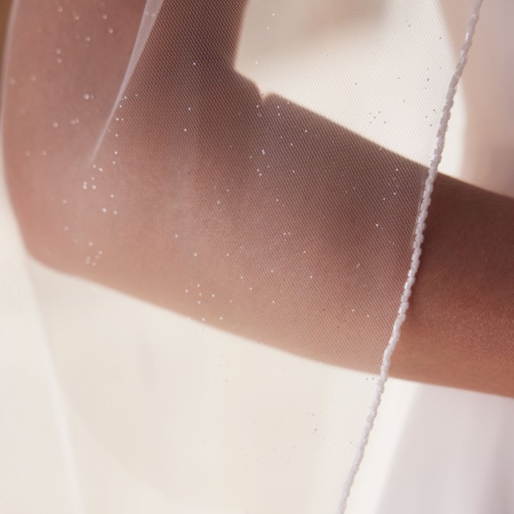 Bianco Ivory Single Tier Glitter Tulle Floor Length Veil with Glass Bead Edge S522