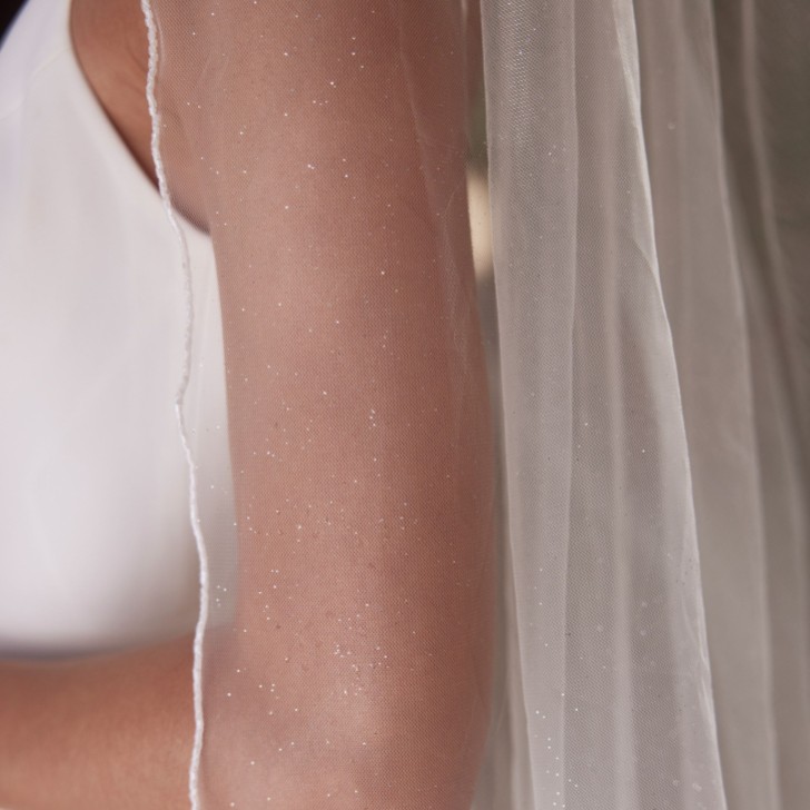 Bianco Ivory Single Tier Glitter Tulle Cathedral Veil with Glass Bead Edge S521