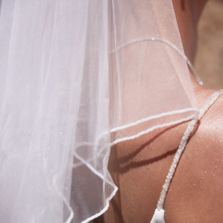 Bianco Ivory Two Tier Glitter Tulle Short Veil with Glass Bead Edge S494