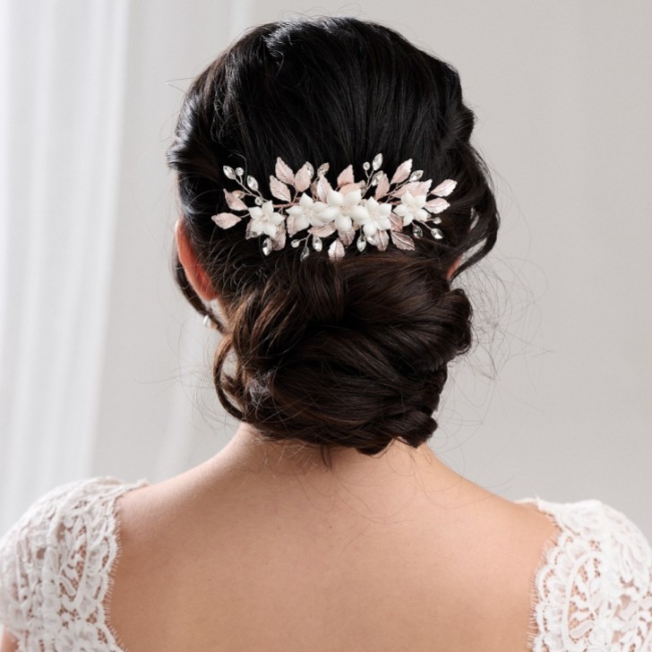 Blaze Ceramic Flowers and Rose Gold Leaves Hair Comb