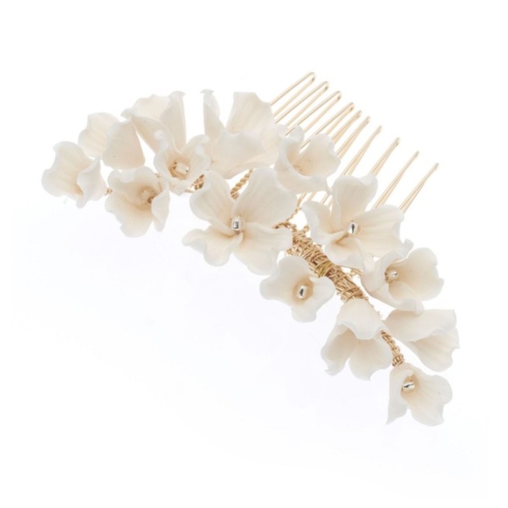 Camellia Ivory Porcelain Flower Gold Hair Comb