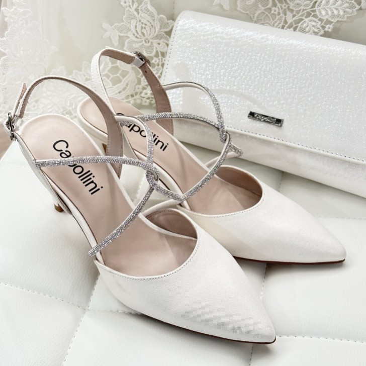 Capollini Charlotte Cream Nubuck Leather Diamante Cross Strap Slingbacks