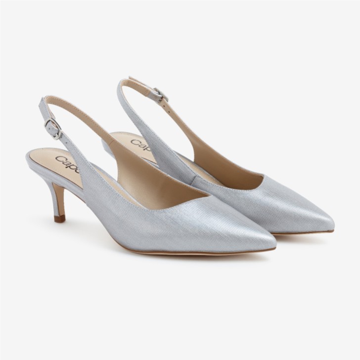 Capollini Clarice Pearlised Silver Leather Low Heel Slingbacks