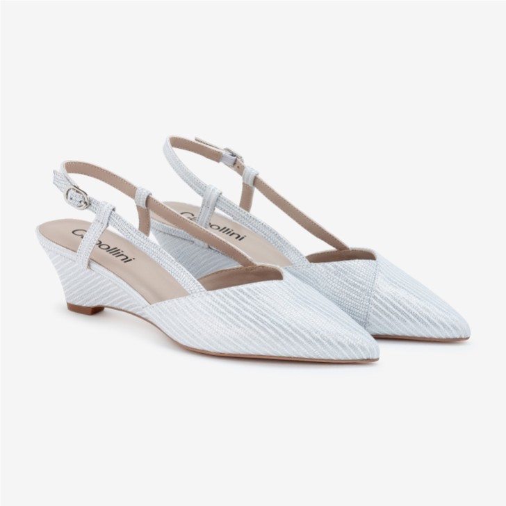 Capollini Lumi Silver Striped Nubuck Leather Low Wedge Slingbacks