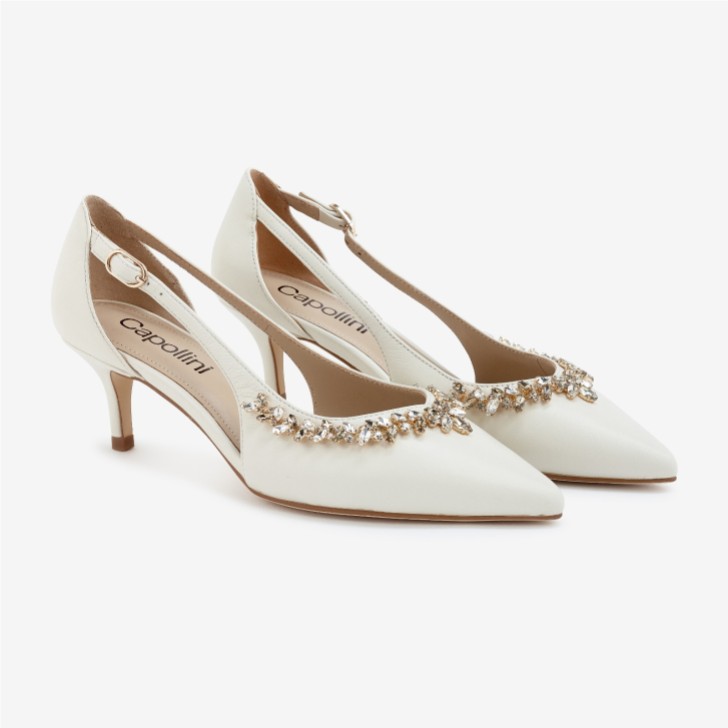 Capollini Nysa Porcelain Leather Mid Heel Embellished Court Shoes