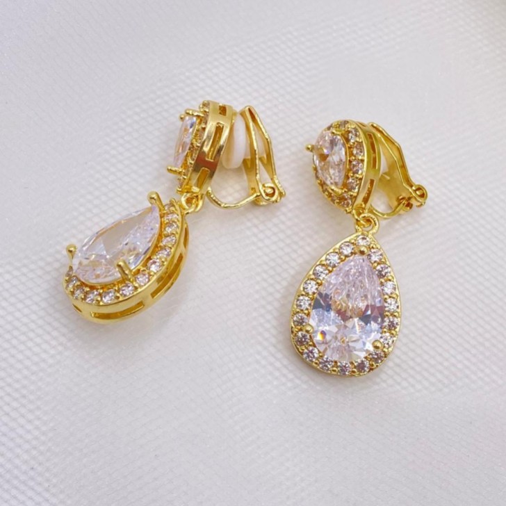 Celeste Clip On Gold Crystal Embellished Wedding Earrings