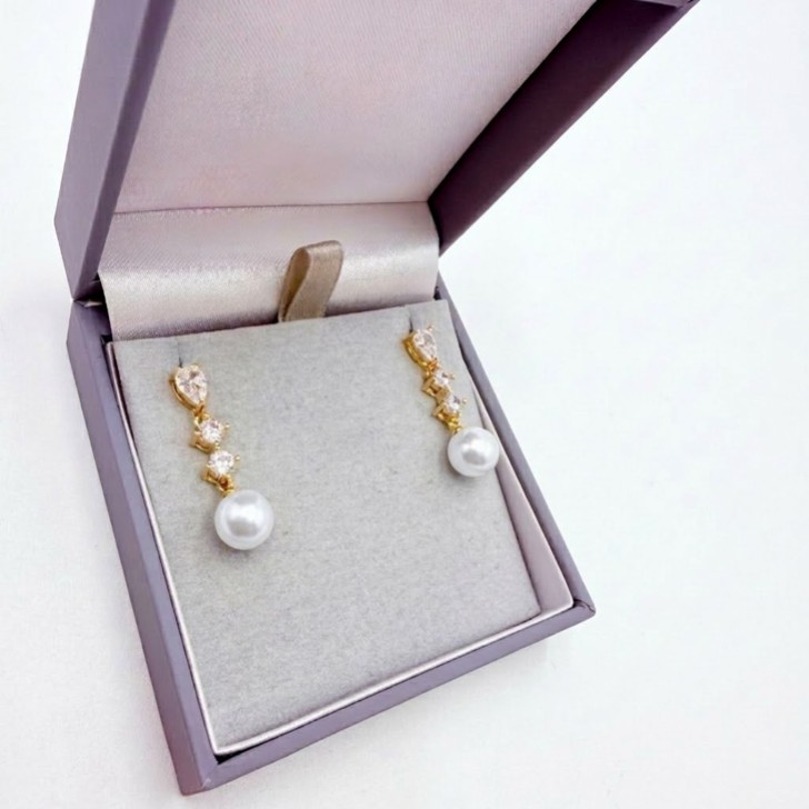 Celine Gold Triple Crystal and Pearl Drop Earrings
