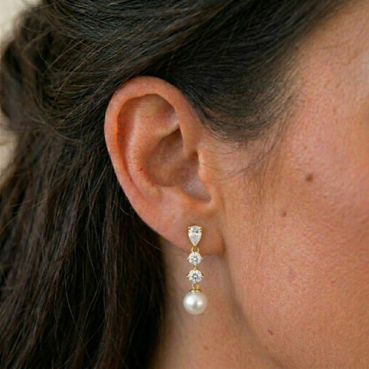 Celine Gold Triple Crystal and Pearl Drop Earrings