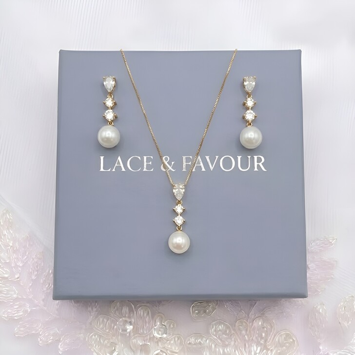 Celine Gold Triple Crystal and Pearl Drop Jewellery Set