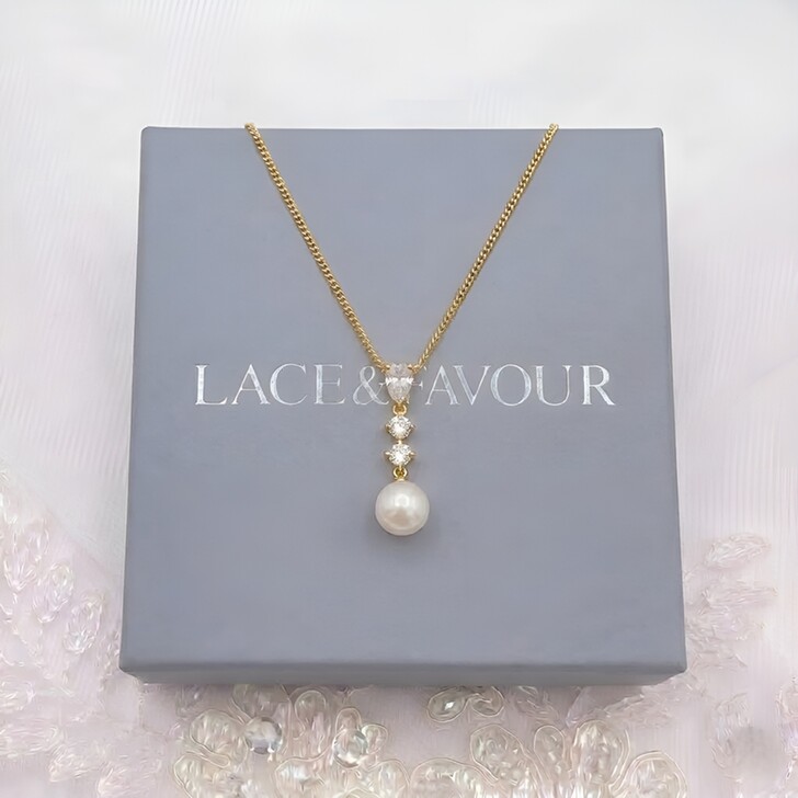 Celine Gold Triple Crystal and Pearl Drop Pendant Necklace