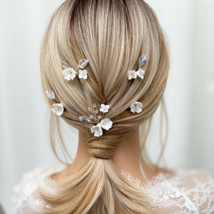 Cherry Blossom Set of 5 Porcelain Flower and Silver Leaf Hair Pins