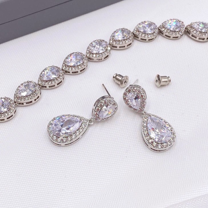 Celeste Crystal Embellished Wedding Earrings (Silver)