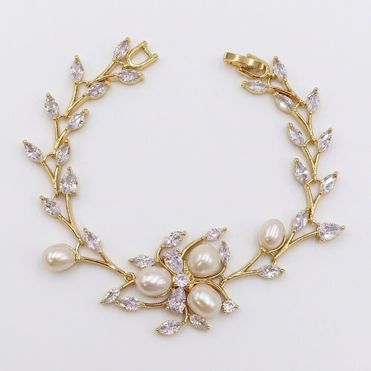 Lola Freshwater Pearl and Crystal Leaves Wedding Bracelet (Gold)
