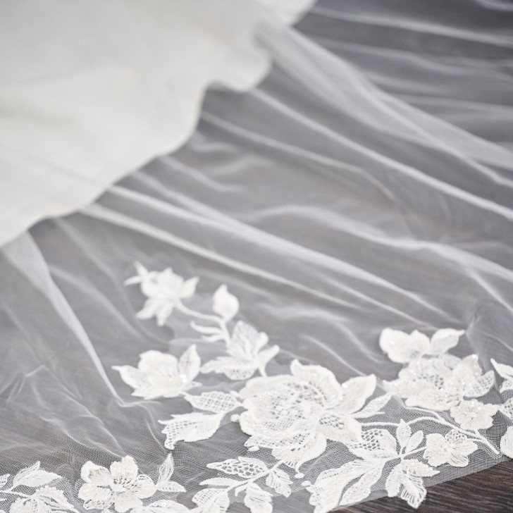 Cotswold Long Single Tier Italian Tulle Beaded Floral Lace Veil
