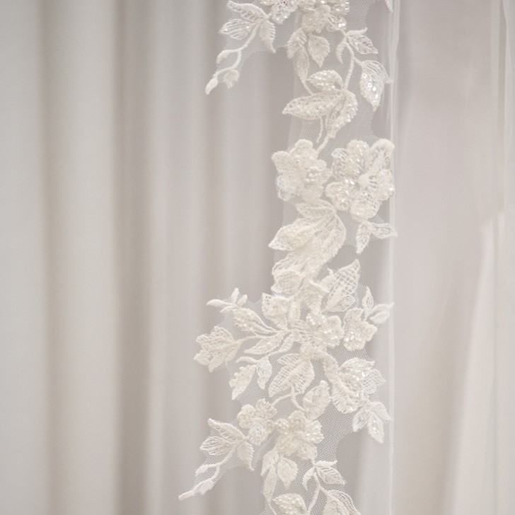 Cotswold Long Single Tier Italian Tulle Beaded Floral Lace Veil