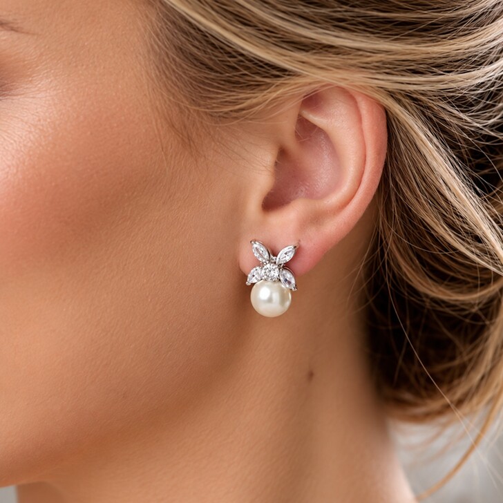Ava Crystal Leaves and Pearl Wedding Earrings