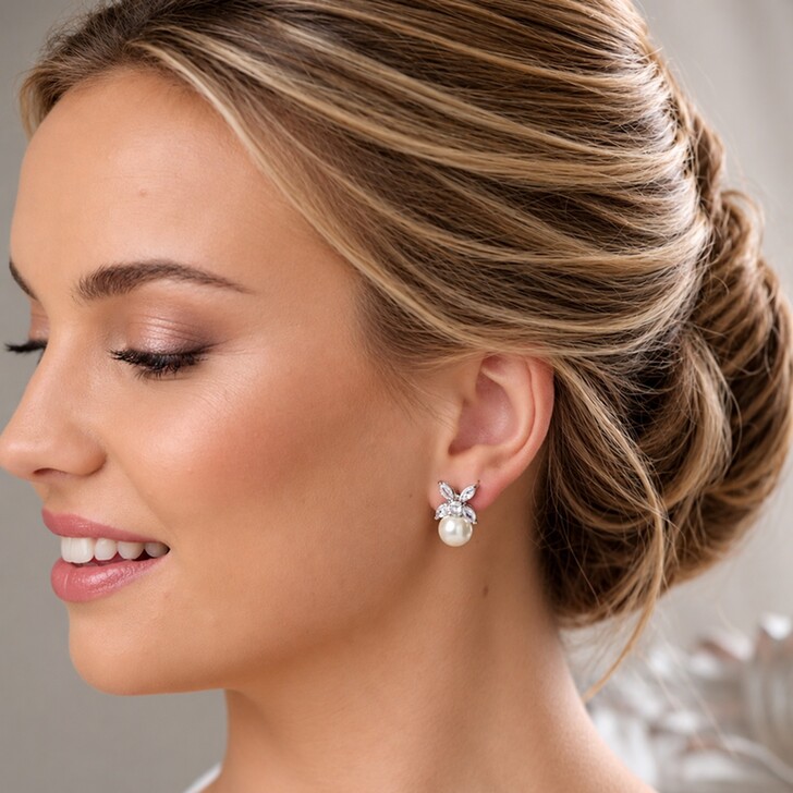 Ava Crystal Leaves and Pearl Wedding Earrings