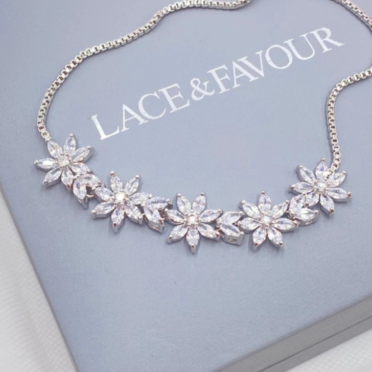 Daisy Silver Floral Crystal Adjustable Bracelet