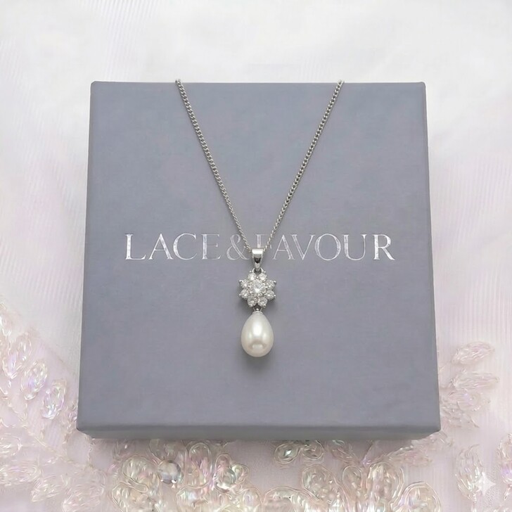 Darcey Floral Cubic Zirconia and Pearl Bridal Pendant Necklace