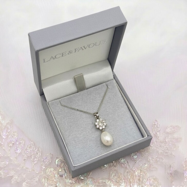 Darcey Floral Cubic Zirconia and Pearl Bridal Pendant Necklace