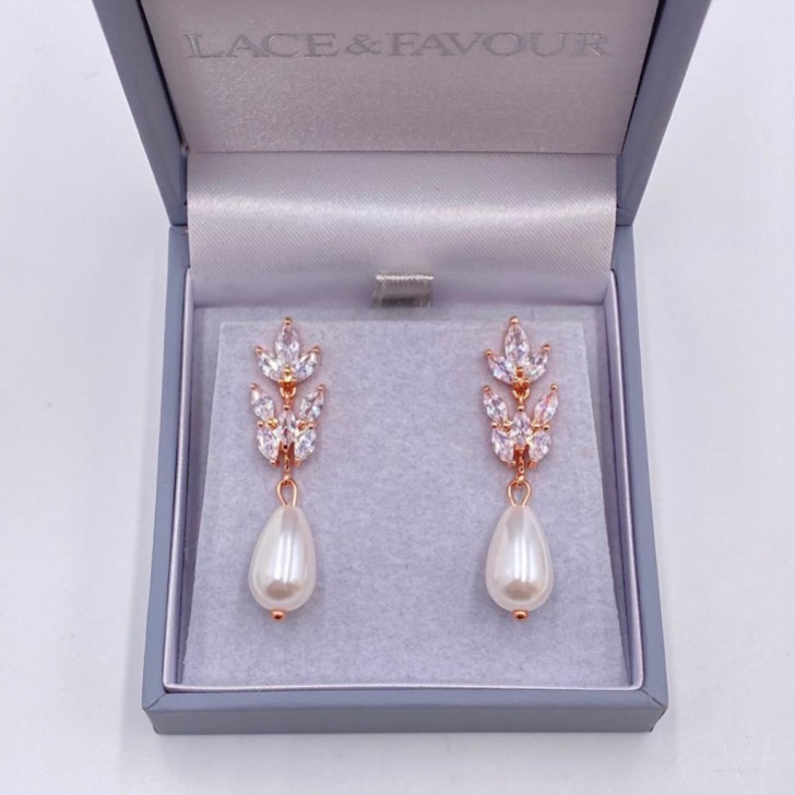 Divine Rose Gold Cubic Zirconia and Teardrop Pearl Earrings
