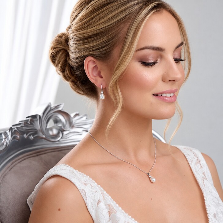 Dolci Silver Crystal and Teardrop Pearl Bridal Jewellery Set