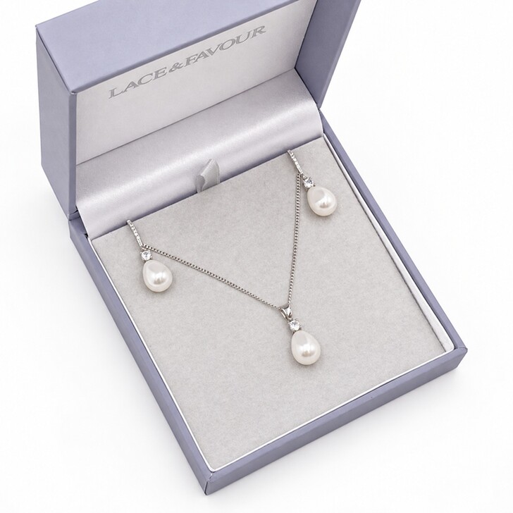 Dolci Silver Crystal and Teardrop Pearl Bridal Jewellery Set