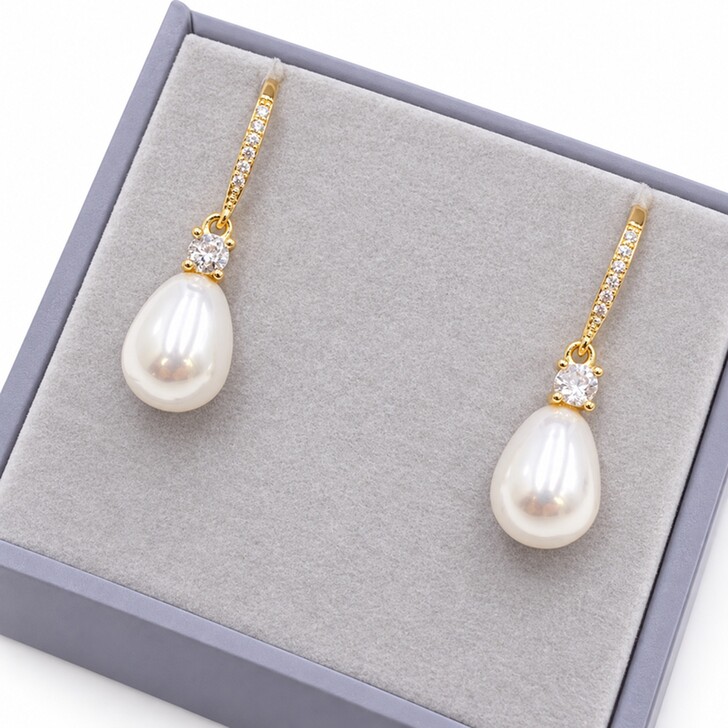 Dolci Gold Crystal Embellished Teardrop Pearl Earrings
