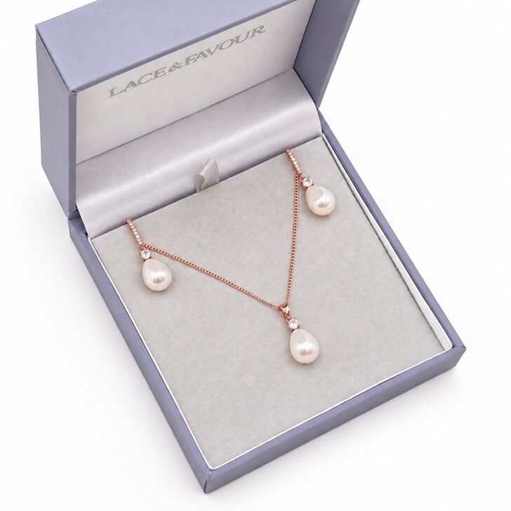 Dolci Rose Gold Crystal and Teardrop Pearl Bridal Jewellery Set