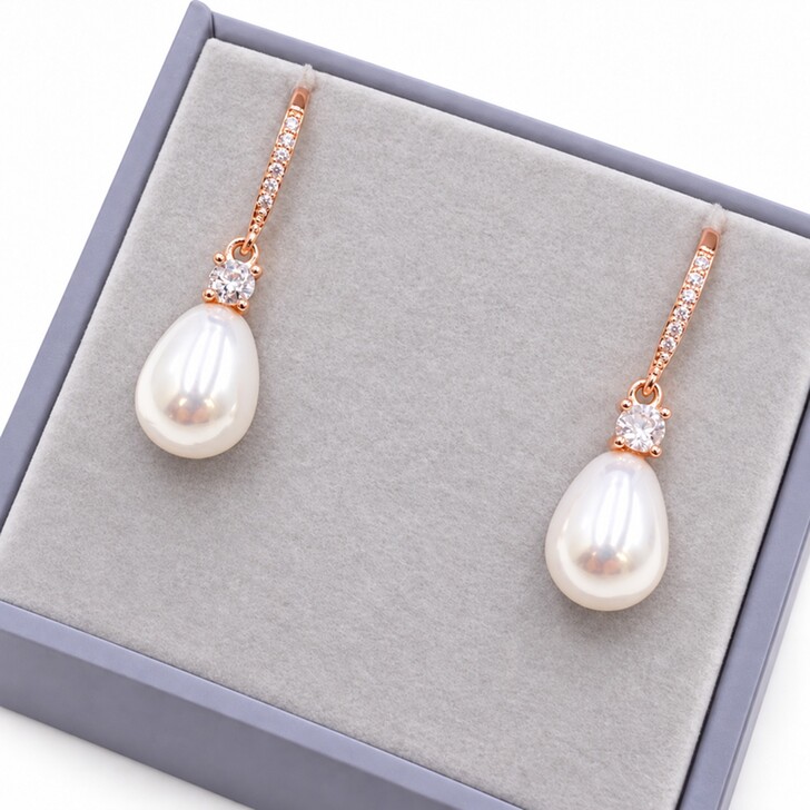 Dolci Rose Gold Crystal Embellished Teardrop Pearl Earrings