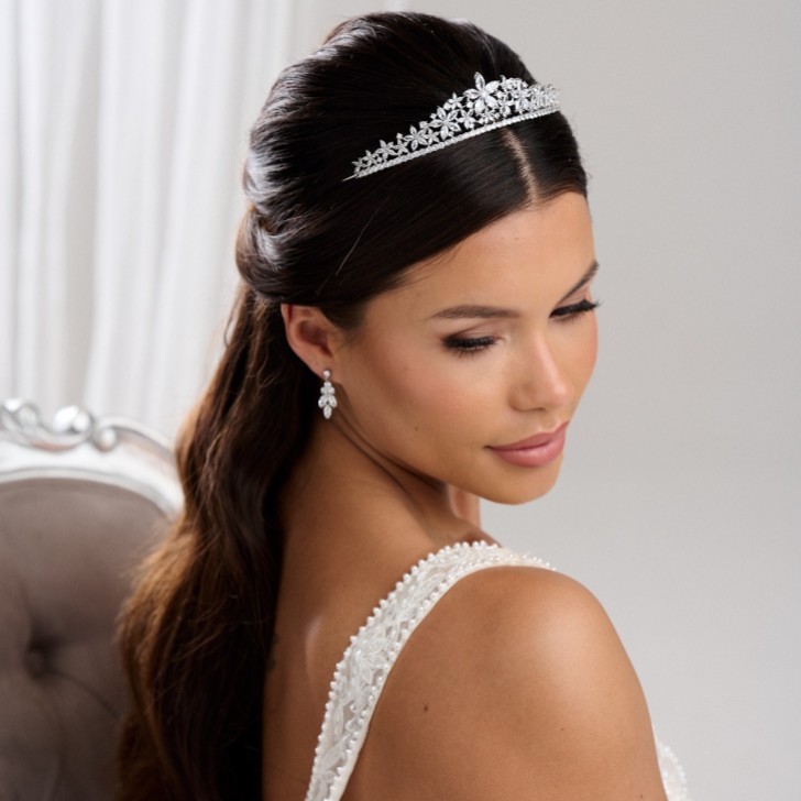 Downton Silver Floral Cubic Zirconia Crystal Wedding Tiara
