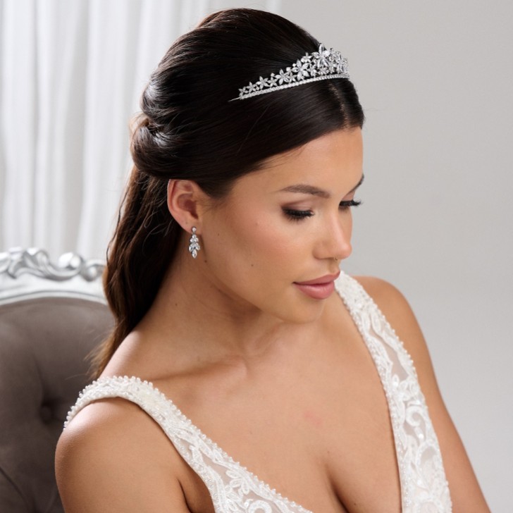 Downton Silver Floral Cubic Zirconia Crystal Wedding Tiara