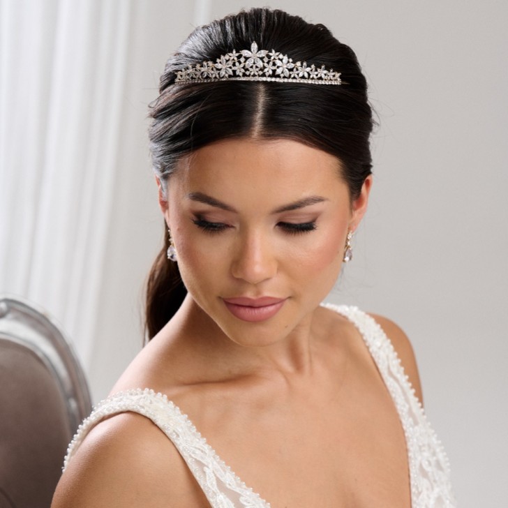 Downton Gold Floral Cubic Zirconia Crystal Wedding Tiara