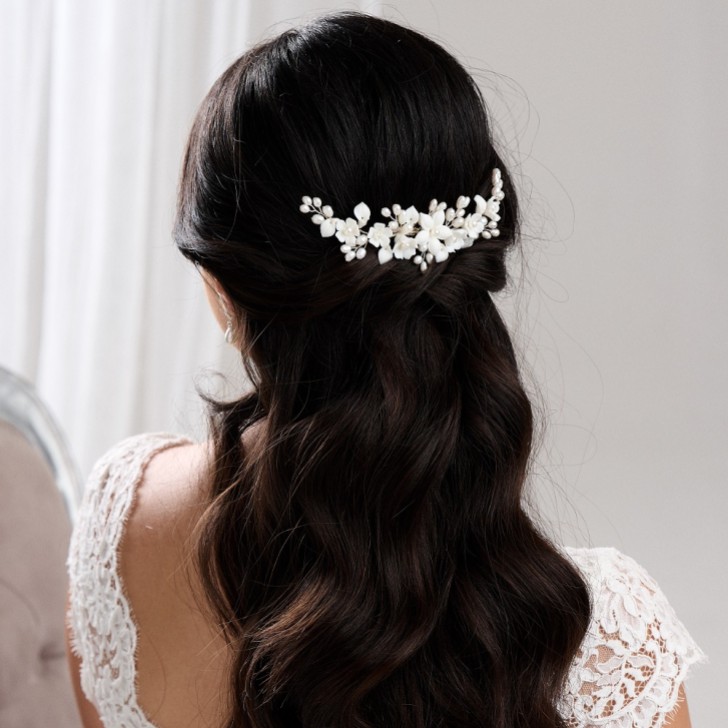 Edelweiss Ivory Porcelain Flowers and Pearl Wedding Hair Comb