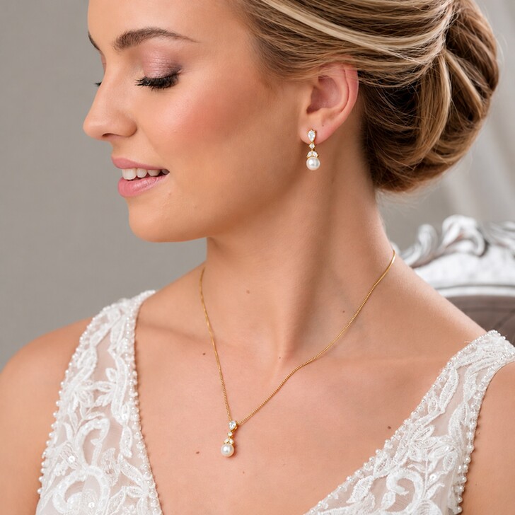 Elegance Gold Crystal and Pearl Bridal Jewellery Set