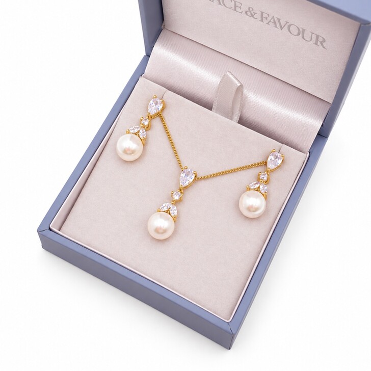 Elegance Gold Crystal and Pearl Bridal Jewellery Set