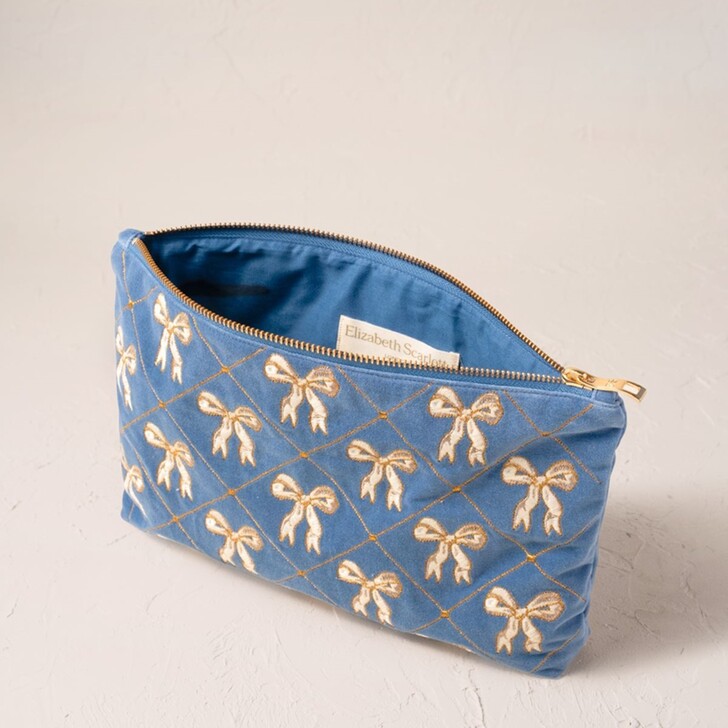 Elizabeth Scarlett Lattice Bows Dusky Blue Velvet Pouch