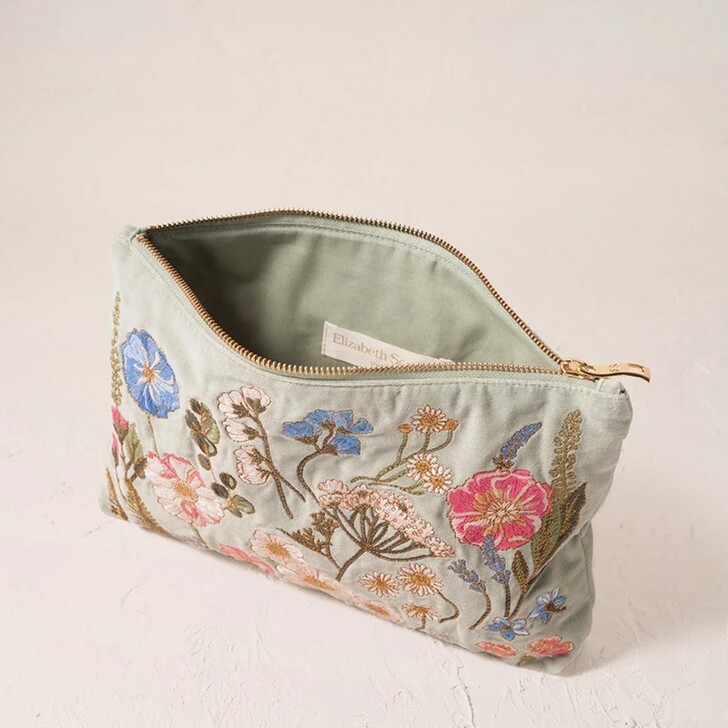 Elizabeth Scarlett Pressed Flowers Sage Green Velvet Everyday Pouch