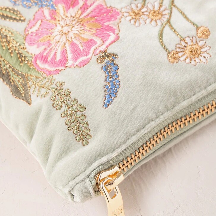 Elizabeth Scarlett Pressed Flowers Sage Green Velvet Everyday Pouch