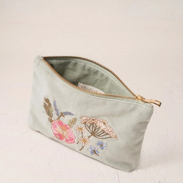 Elizabeth Scarlett Pressed Flowers Sage Green Velvet Mini Pouch
