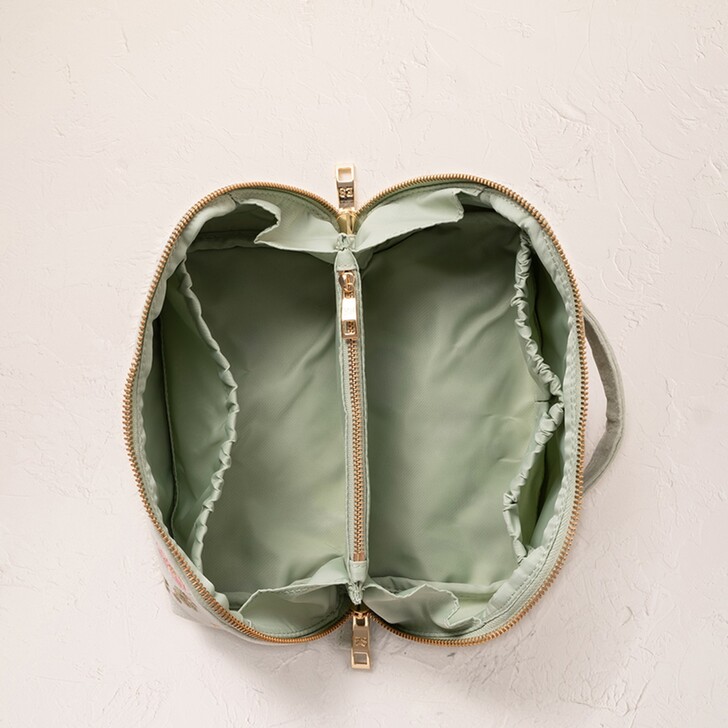 Elizabeth Scarlett Pressed Flowers Sage Green Velvet Open Flat Makeup Bag