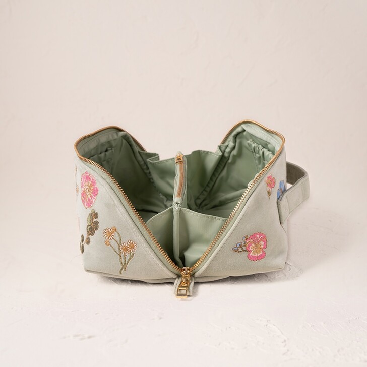 Elizabeth Scarlett Pressed Flowers Sage Green Velvet Open Flat Makeup Bag