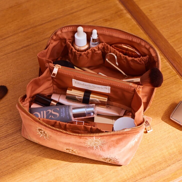 Elizabeth Scarlett Sun Goddess Rust Velvet Open Flat Makeup Bag