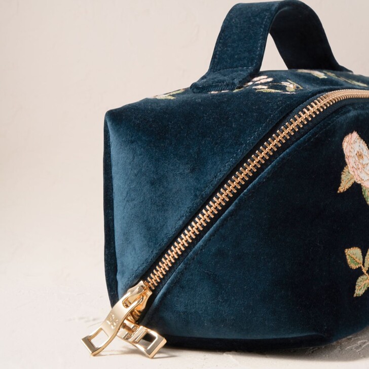 Elizabeth Scarlett Wild Rose Ink Blue Velvet Open Flat Makeup Bag