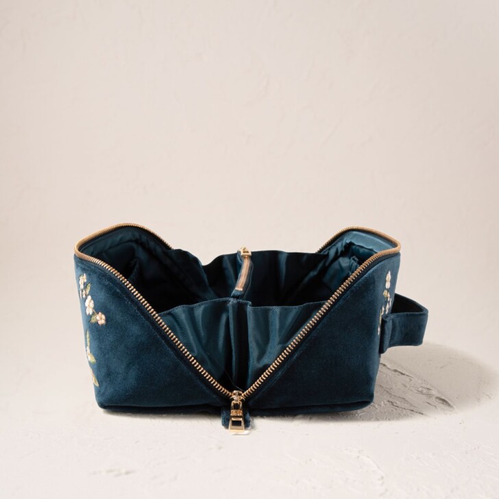 Elizabeth Scarlett Wild Rose Ink Blue Velvet Open Flat Makeup Bag