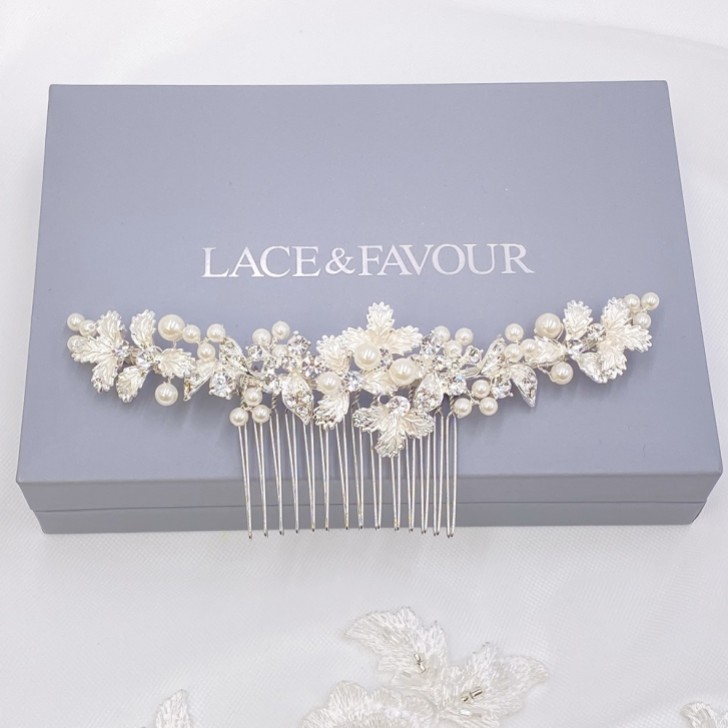 Ellis Dainty Silver Leaves and Pearl Hair Comb