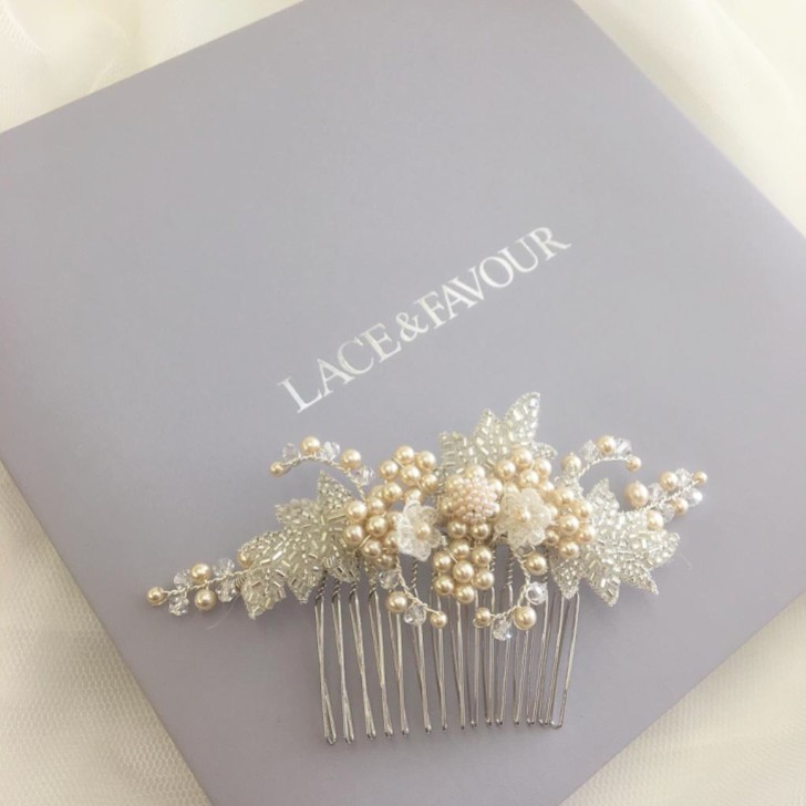 Elouise Beaded Leaves and Champagne Pearl Vintage Inspired Hair Comb